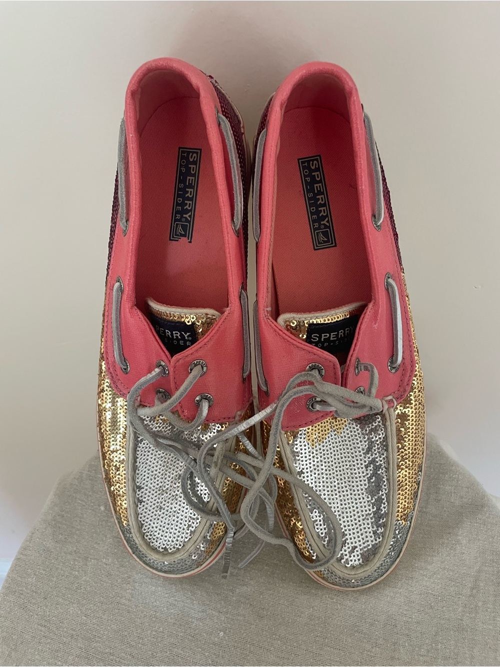 Sperry Coral Canvas Boat Shoes with Gold & Silver Sequins